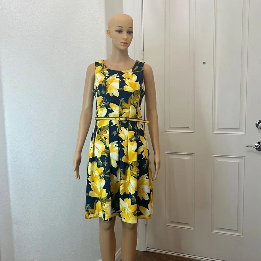 Karin Stevens Dress Sz 6 Scoop Neck Sleeveless Belted Pleated Midi Yellow Navy